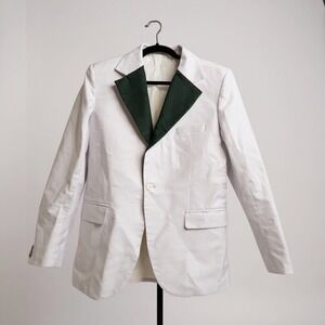 White Blazer Jacket With Dark Green Lapel Trim Single Button Closure Chest Pocke